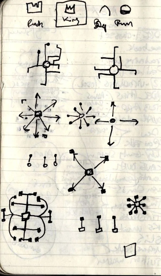 Notebook sketch of chess piece designs